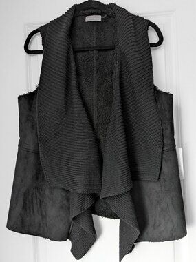 Black Suede and Fleece Draped Front Winter Vest - Minimalist, Moto, Goth